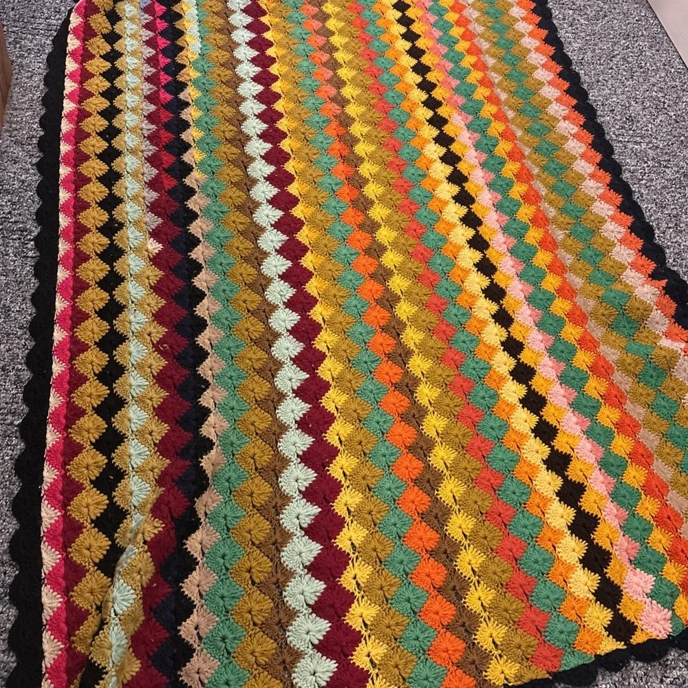 (4) VTG 60's Colorful Granny Square Geometric Crochet Afghan Lap Throw Blankets